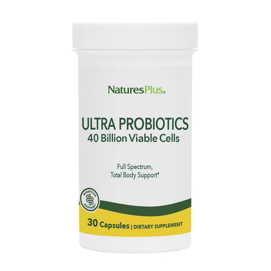 NaturesPlus Ultra Probiotics bottle front highlights 40B CFU for broad digestive support.