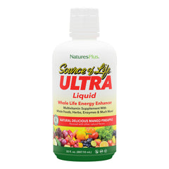 Nature's Plus Ultra Source of Life Liquid bottle front with mango pineapple flavor for daily wellness