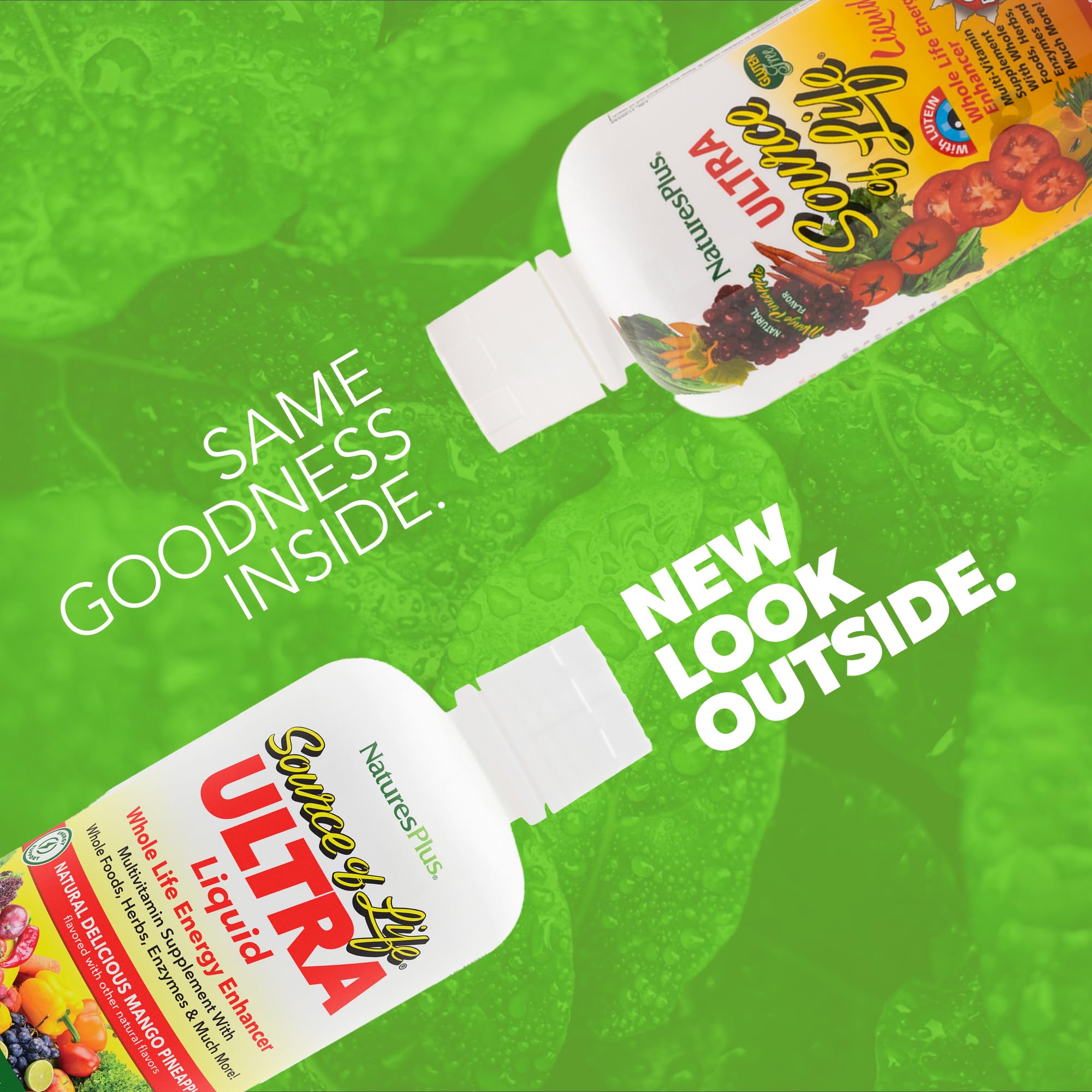 Nature's Plus Ultra Source of Life Liquid being poured for convenient daily intake