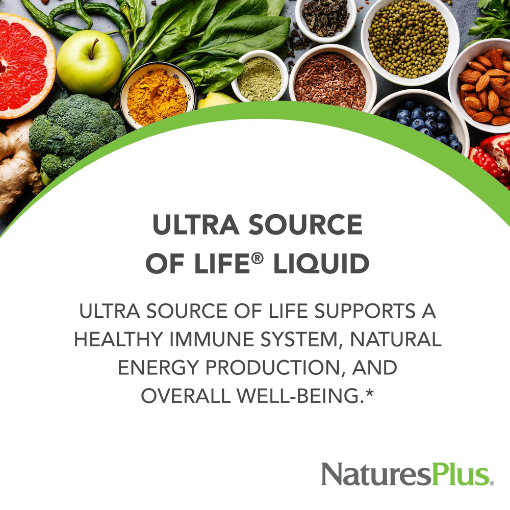 Nature's Plus Ultra Source of Life Liquid ingredients panel highlights whole-food nutrients