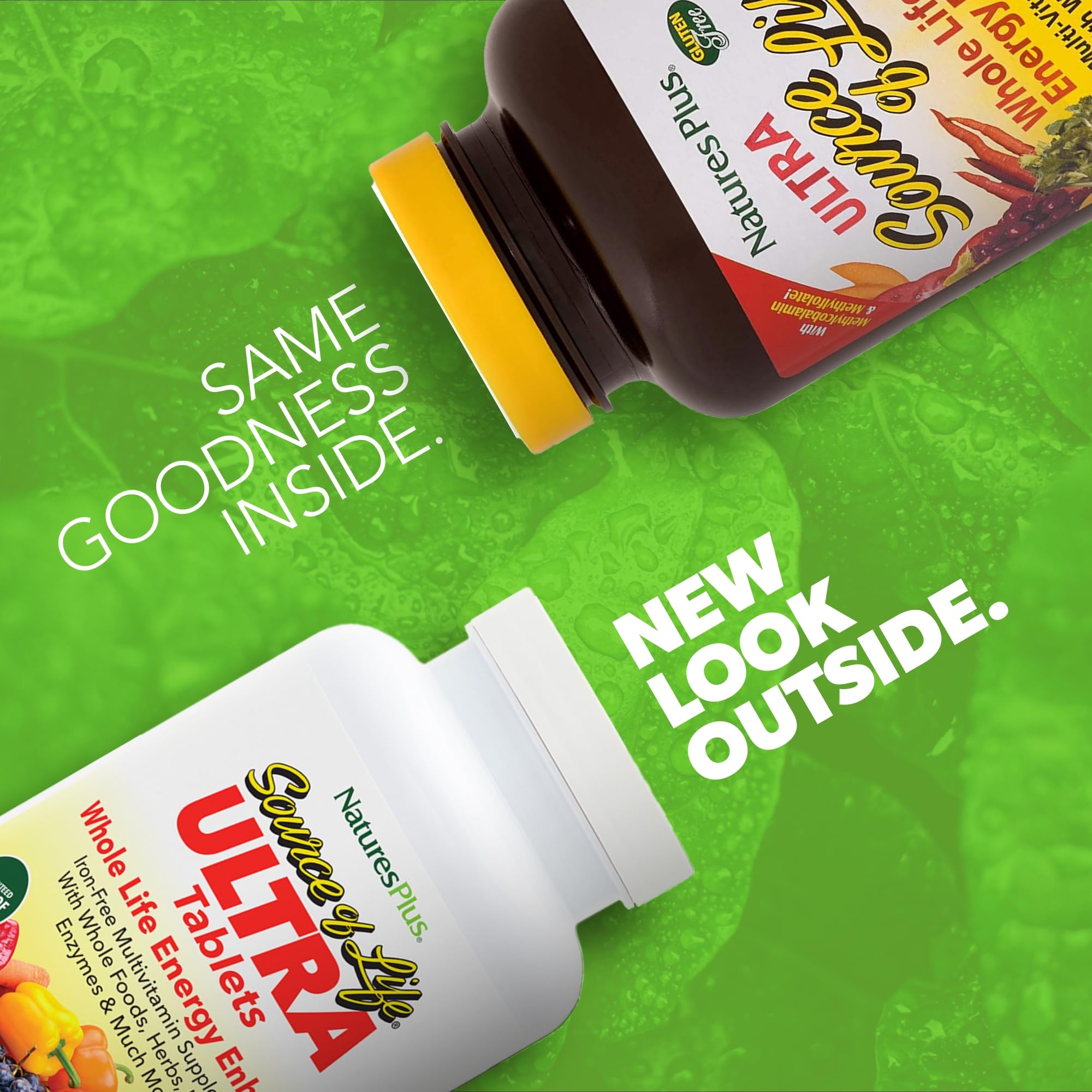 NaturesPlus Ultra Source of Life No-Iron bottle label close-up highlights D3 and lutein.
