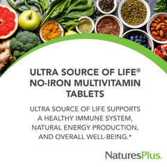 NaturesPlus Ultra Source of Life No-Iron capsules close-up for easy daily intake.