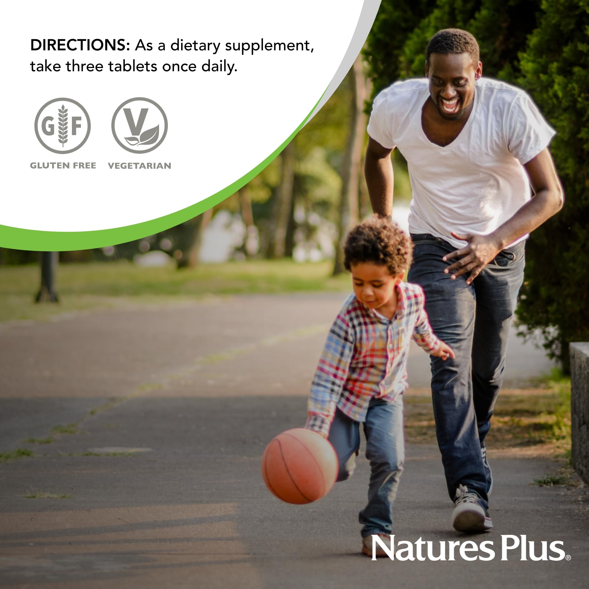 NaturesPlus Ultra Source of Life No-Iron capsules pouring from bottle cap for daily ritual.