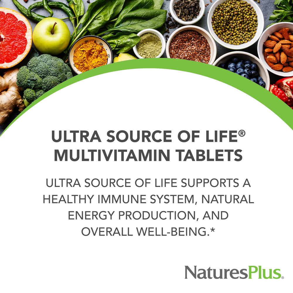 NaturesPlus Ultra Source of Life tablets pour demonstrates easy daily serving and tablet texture.
