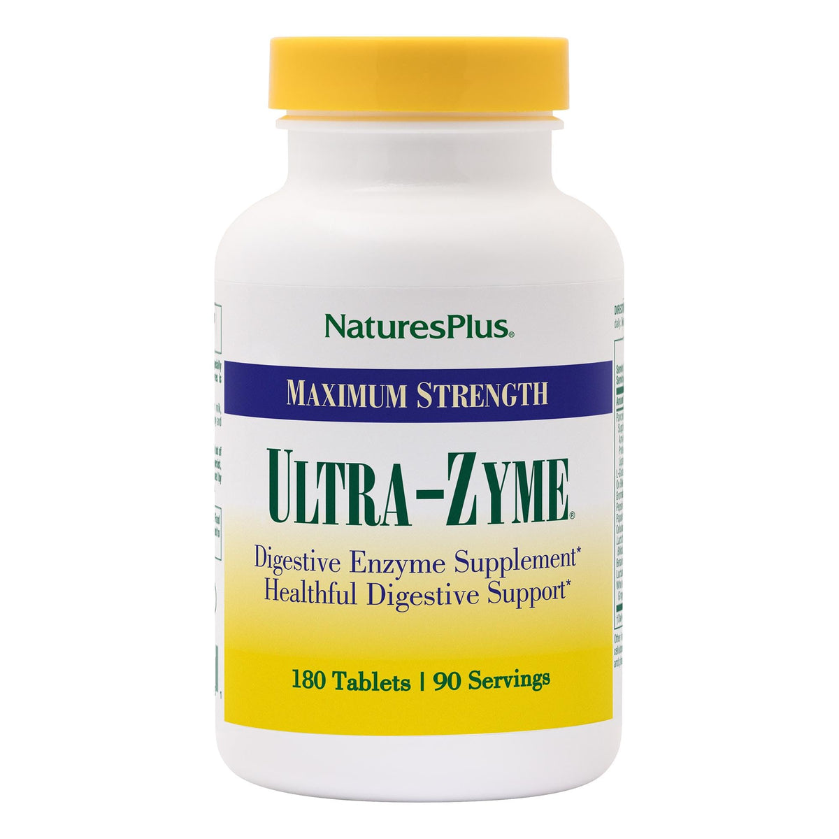 Nature'sPlus Ultra-Zyme bottle close-up with coated enzymes for targeted intestinal release.