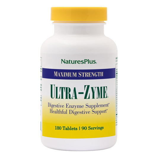 Nature'sPlus Ultra-Zyme bottle close-up with coated enzymes for targeted intestinal release.