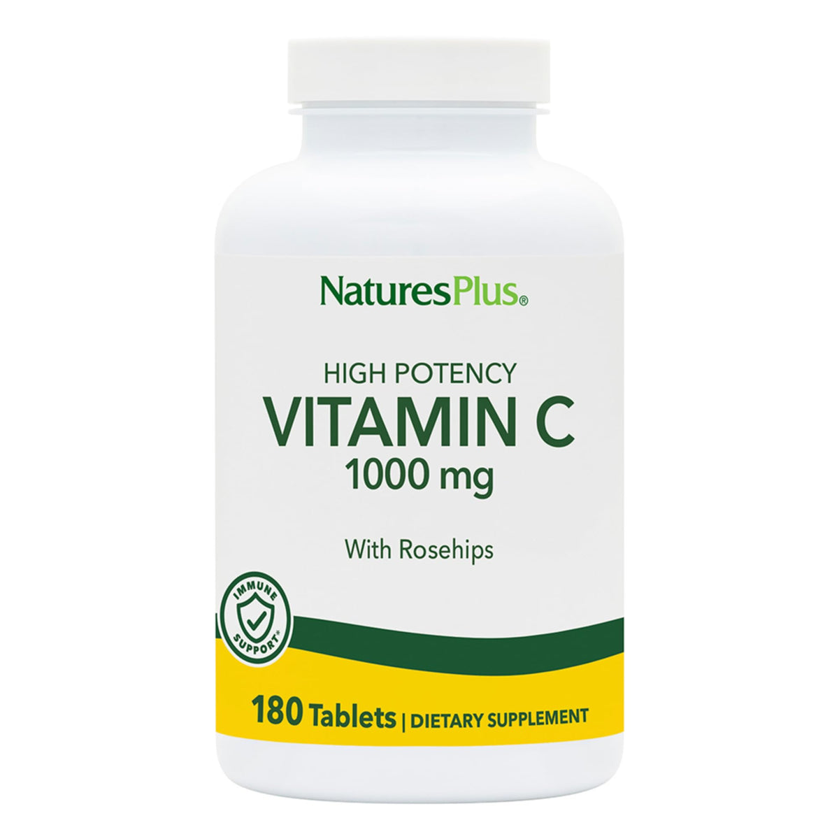 NaturesPlus Vitamin C 1000 mg with Rose Hips bottle front supports immune health and daily wellness.