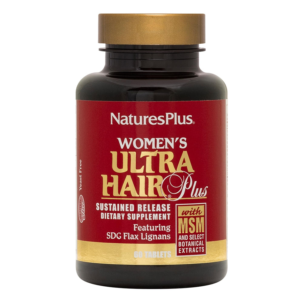NaturesPlus Women’s Ultra Hair Plus bottle shows capsules for hair support.