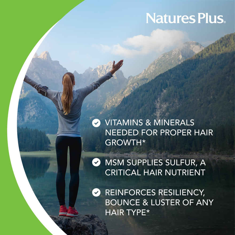 NaturesPlus Women’s Ultra Hair Plus ingredients panel highlights MSM and herbal nutrients.
