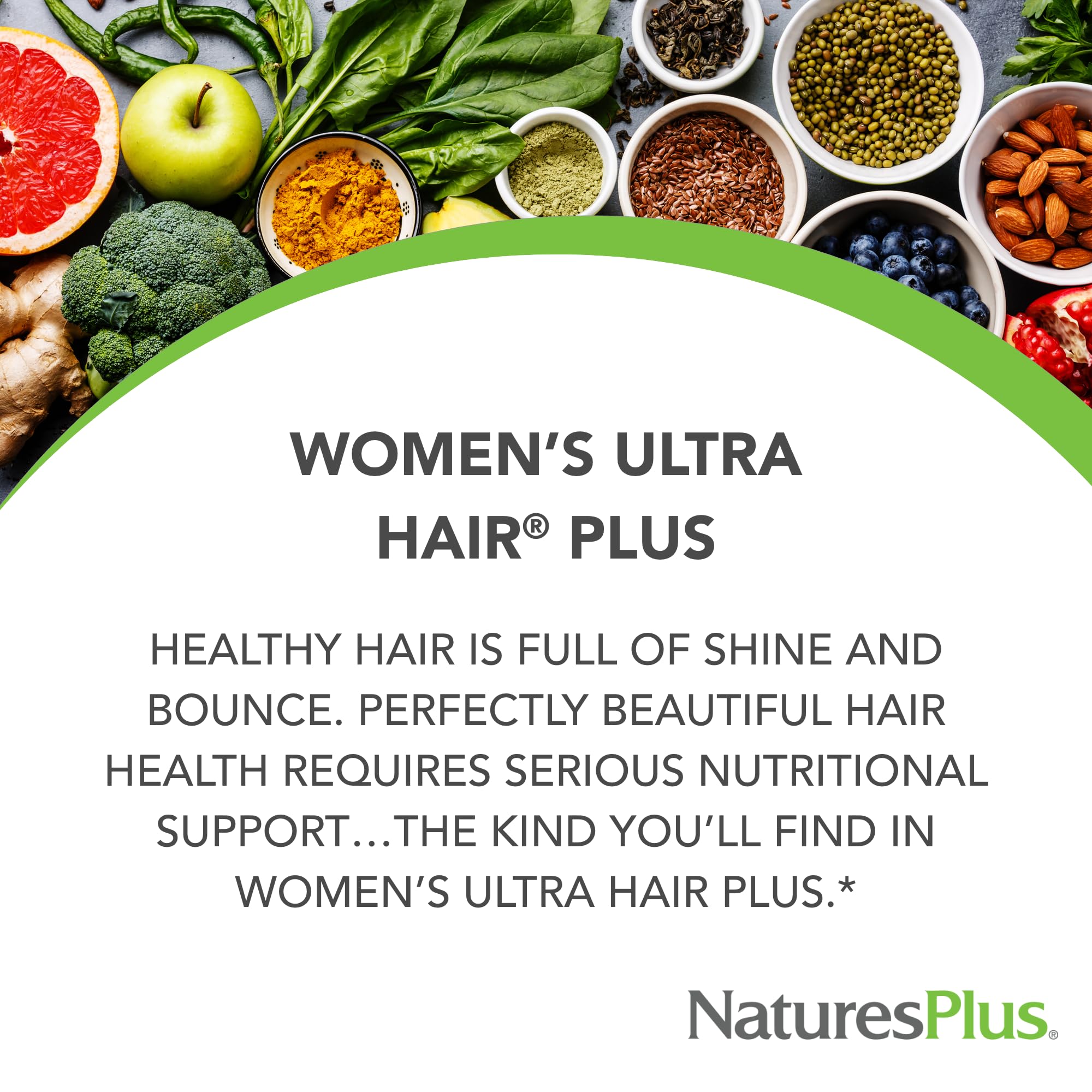 NaturesPlus Women’s Ultra Hair Plus tablets closeup highlights sustained release.