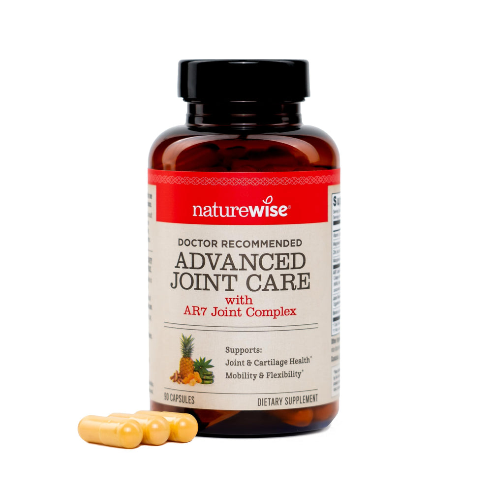 NatureWise Advanced Joint Care bottle label close-up showing AR7 blend for joint support.