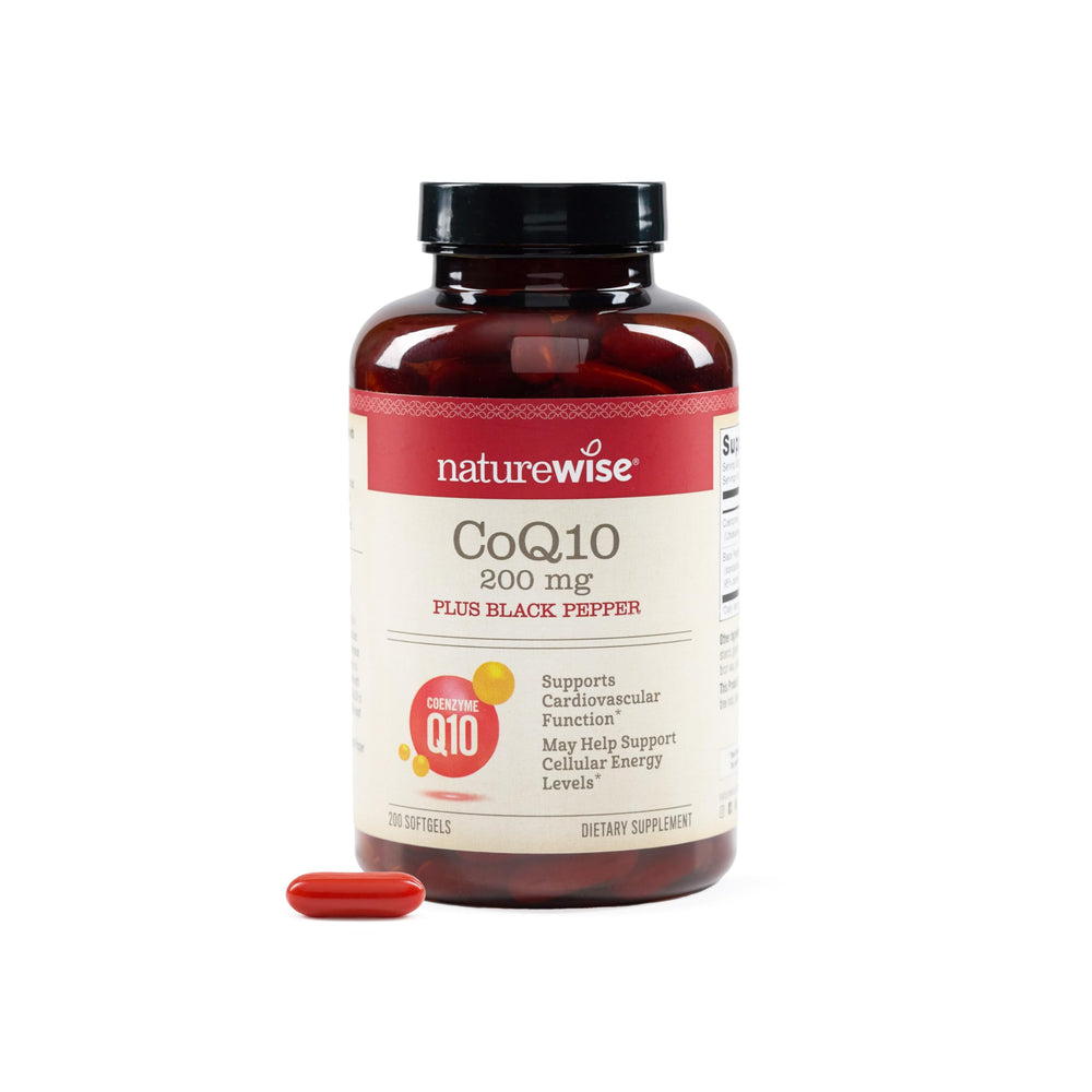 NatureWise CoQ10 bottle with 200 mg softgels for daily energy support.