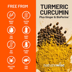 NatureWise Curcumin Turmeric ingredients panel features organic turmeric and ginger.