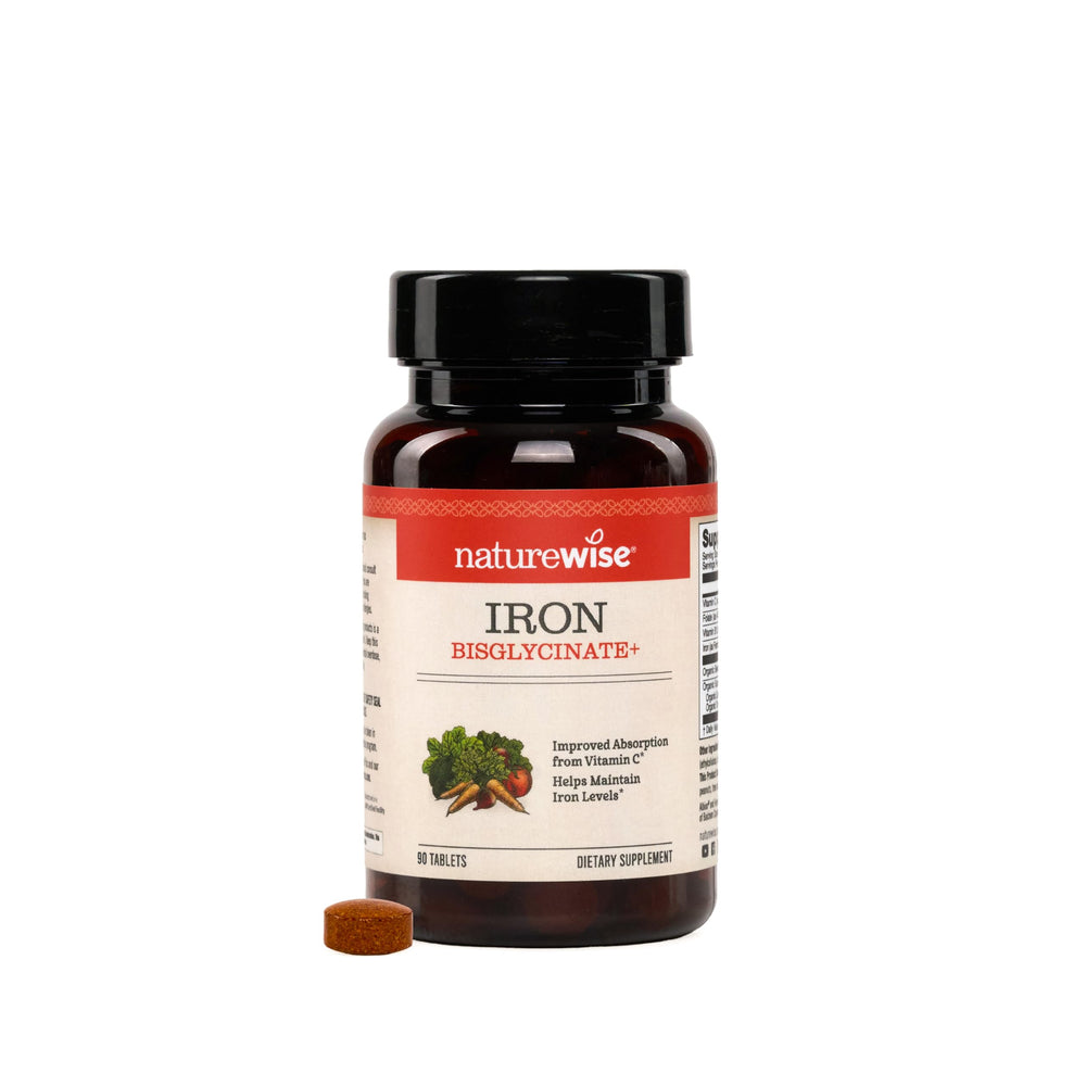 NatureWise Iron Bisglycinate tablets with enteric coating for gentler stomach comfort.