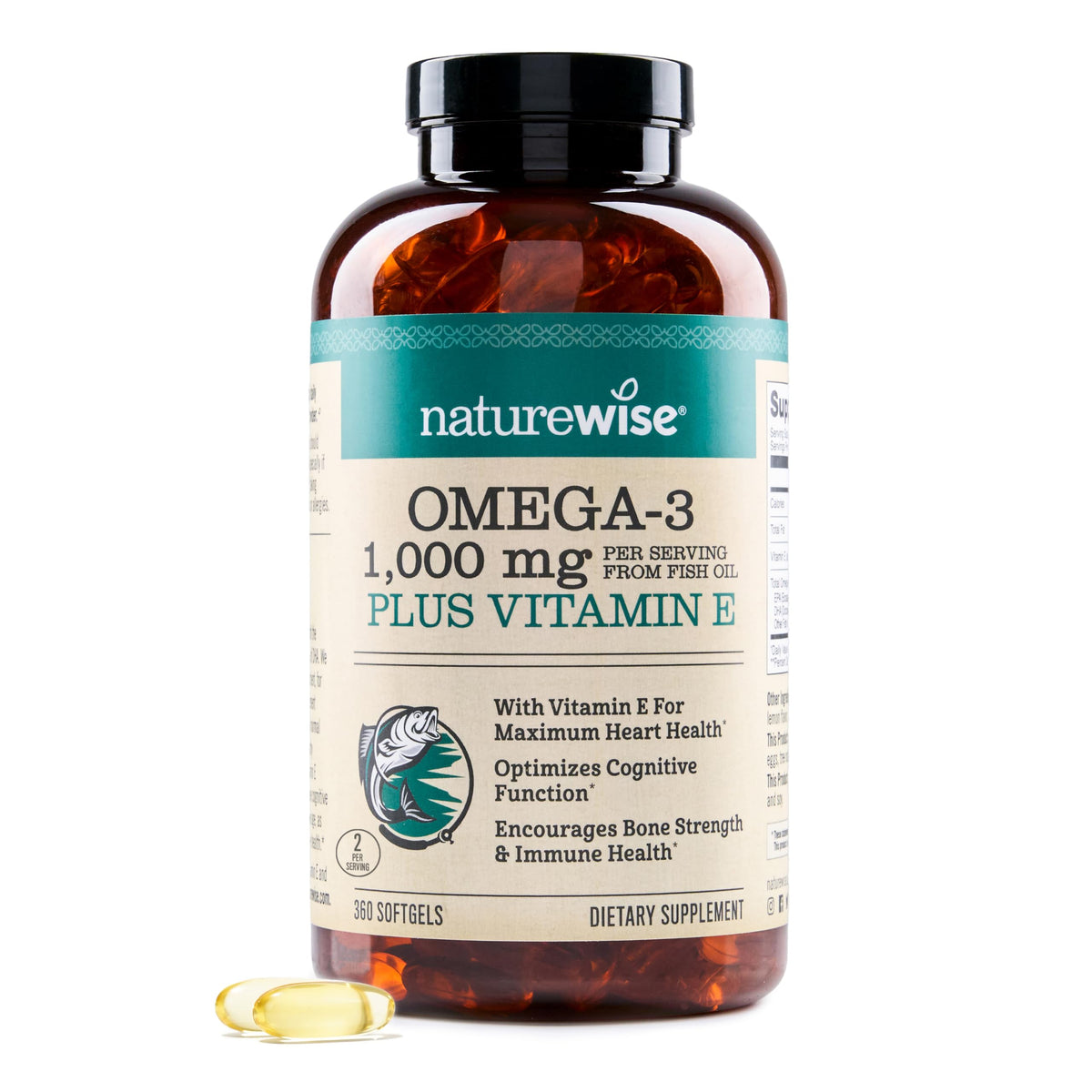 NatureWise lemon omega-3 softgels bottle shows flavor and heart-friendly ingredients.