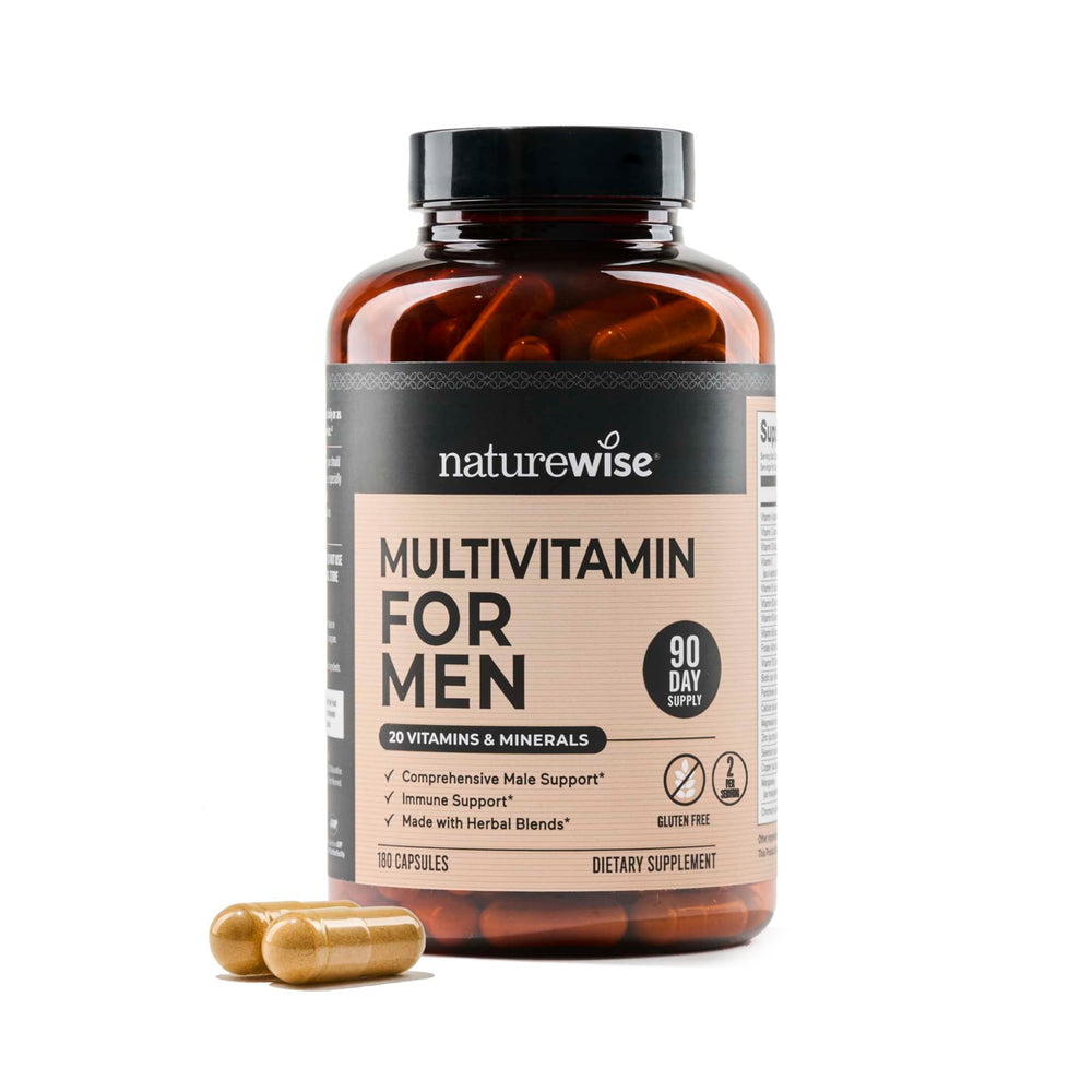 NatureWise Men's Multivitamin bottle close-up showing daily wellness support.