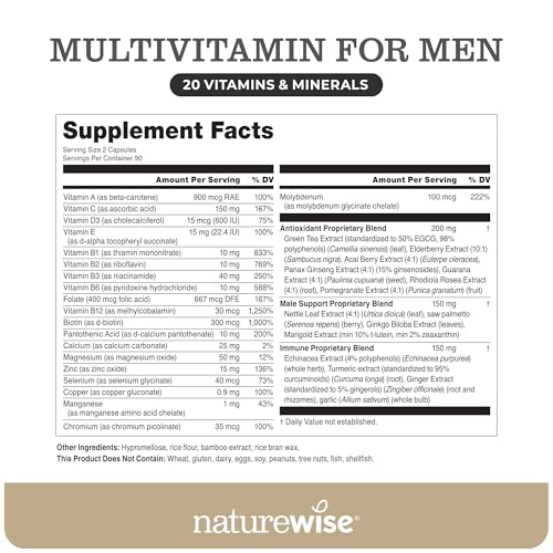 NatureWise Men's Multivitamin capsules pouring for easy daily dosing.