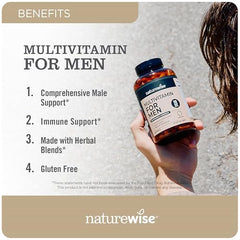 NatureWise Men's Multivitamin label shows ingredients for immune and heart health.