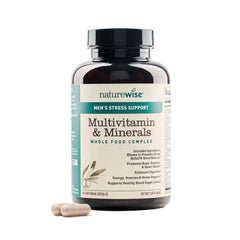 NatureWise Men's Multivitamin bottle highlighting daily wellness and stress support.