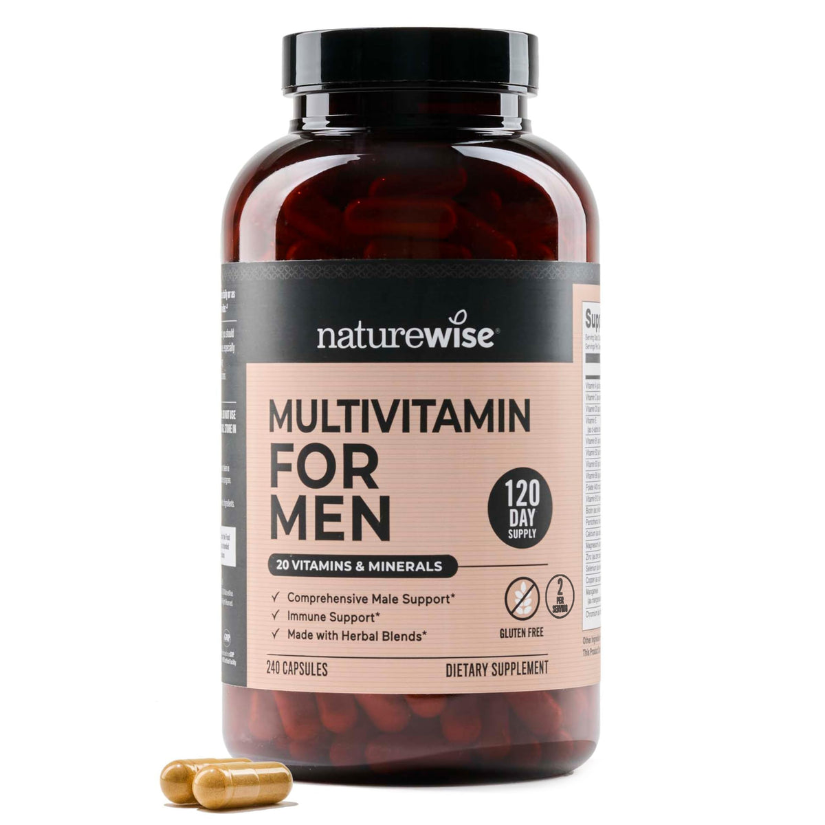 NatureWise Men's Multivitamin bottle with capsules for daily energy support.