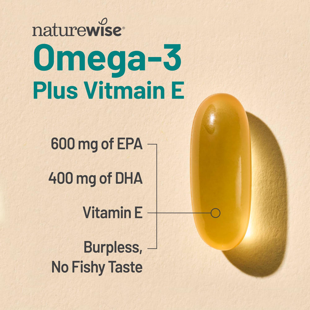 NatureWise omega-3 bottle front view highlighting purity and potency.