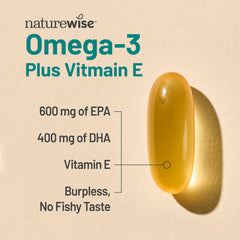 NatureWise omega-3 bottle front view highlighting purity and potency.