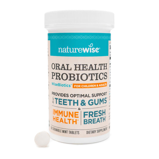 NatureWise Oral Probiotics mint chewable bottle packaging for daily freshness.