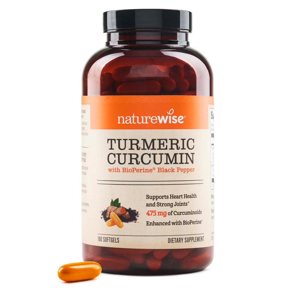 NatureWise Turmeric Curcumin softgels front bottle for easy daily use.