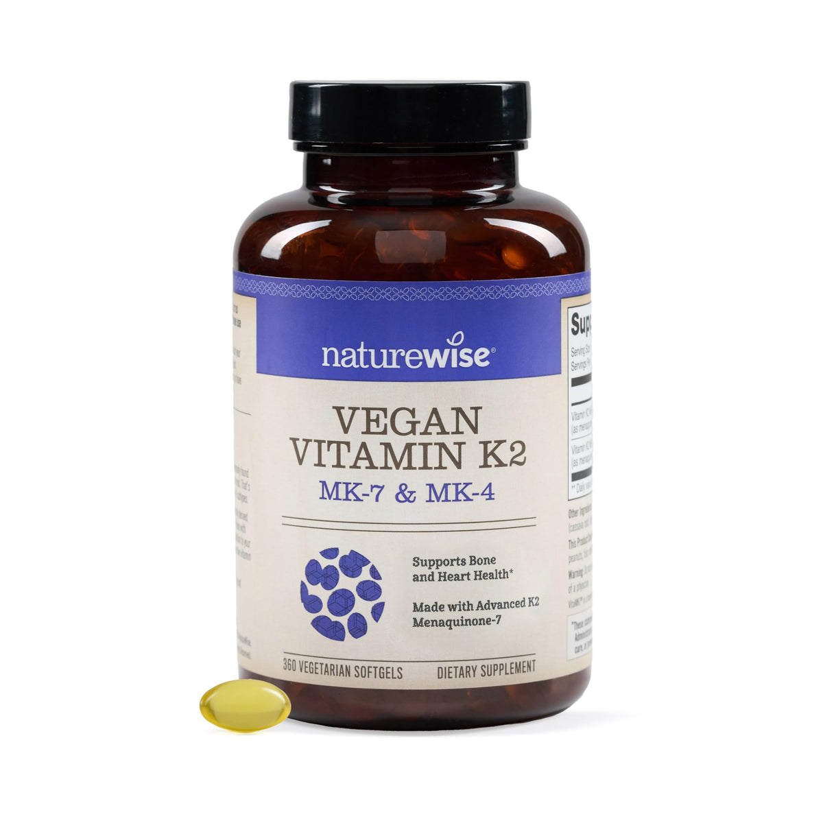 NatureWise Vitamin K2 bottle front showing vegan non-GMO formula for bone and heart support