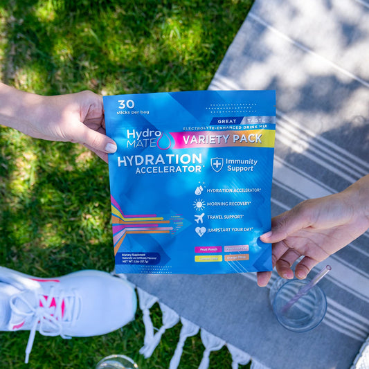 NatureWorks HydroMATE electrolyte packets closeup highlights minerals for balanced daily hydration.