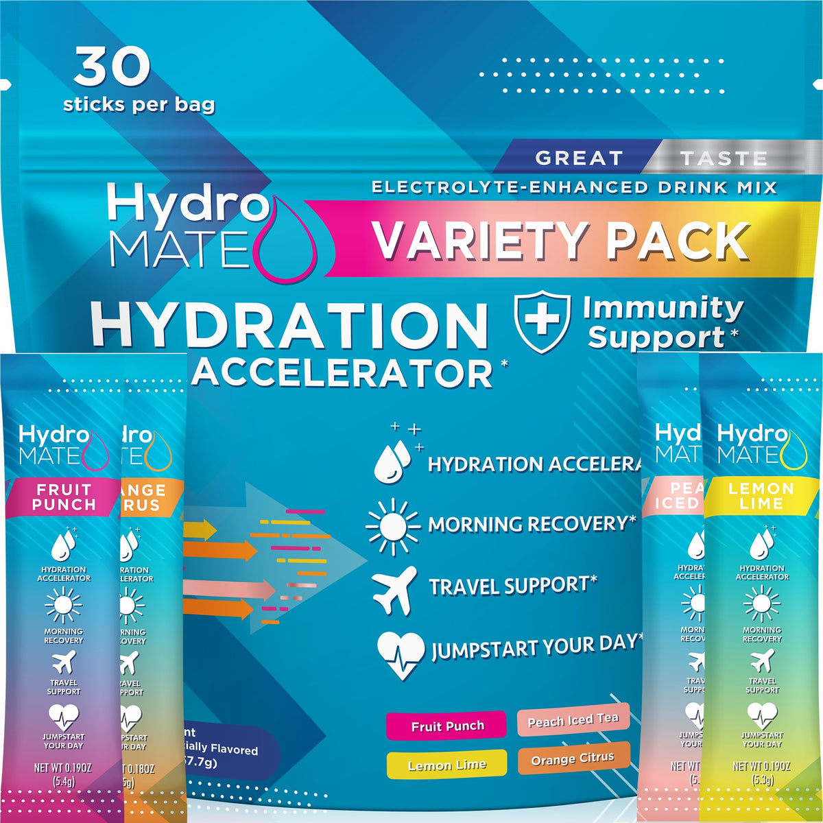 NatureWorks HydroMATE packets front view for on-the-go hydration