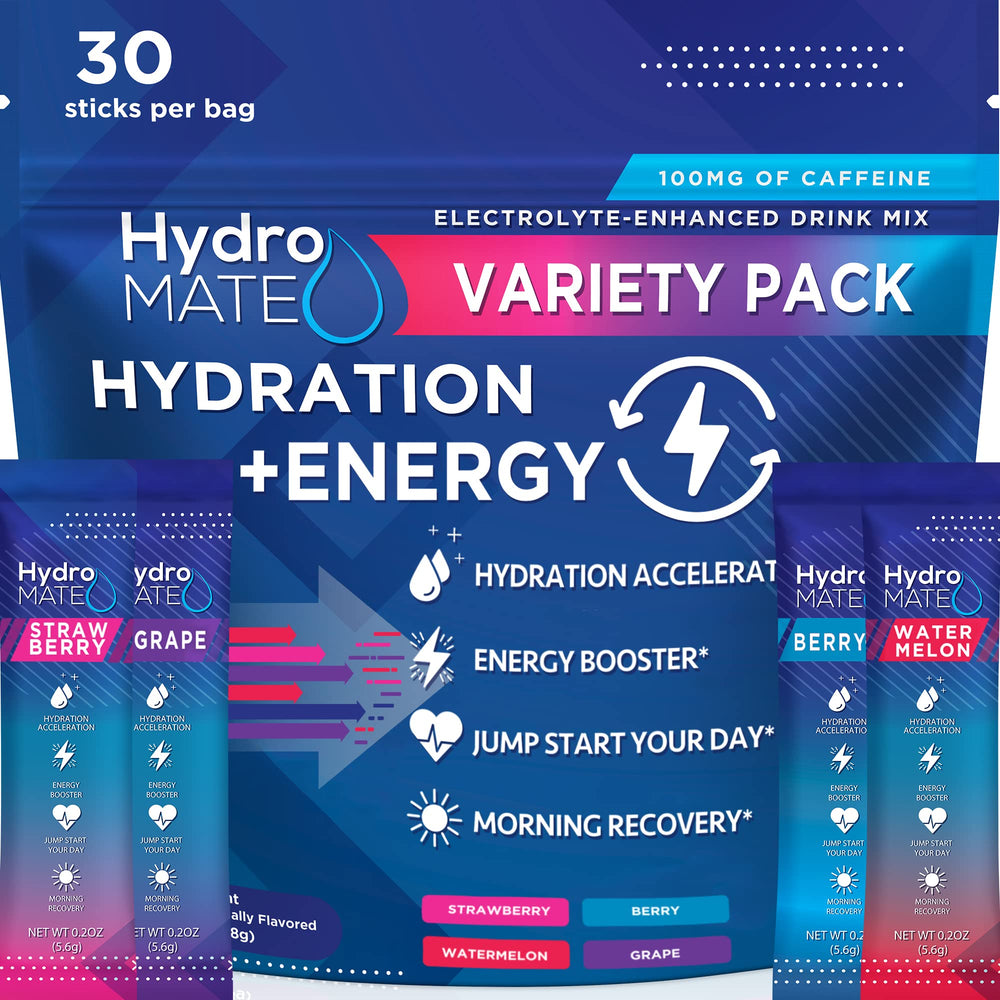 NatureWorks HydroMATE packets front view for quick hydration on the go.