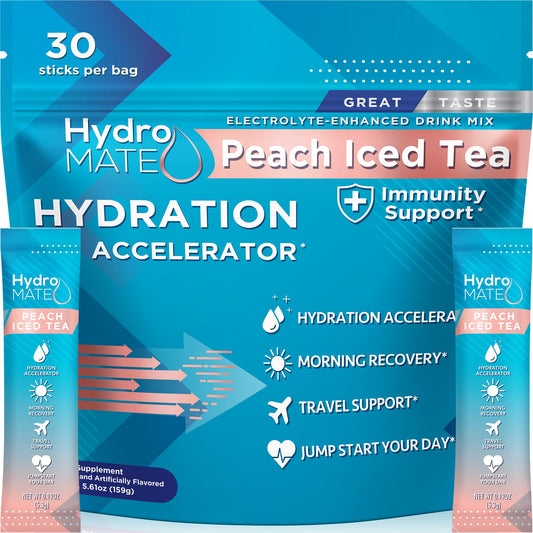 NatureWorks HydroMATE peach tea packets front view for quick on-the-go hydration.
