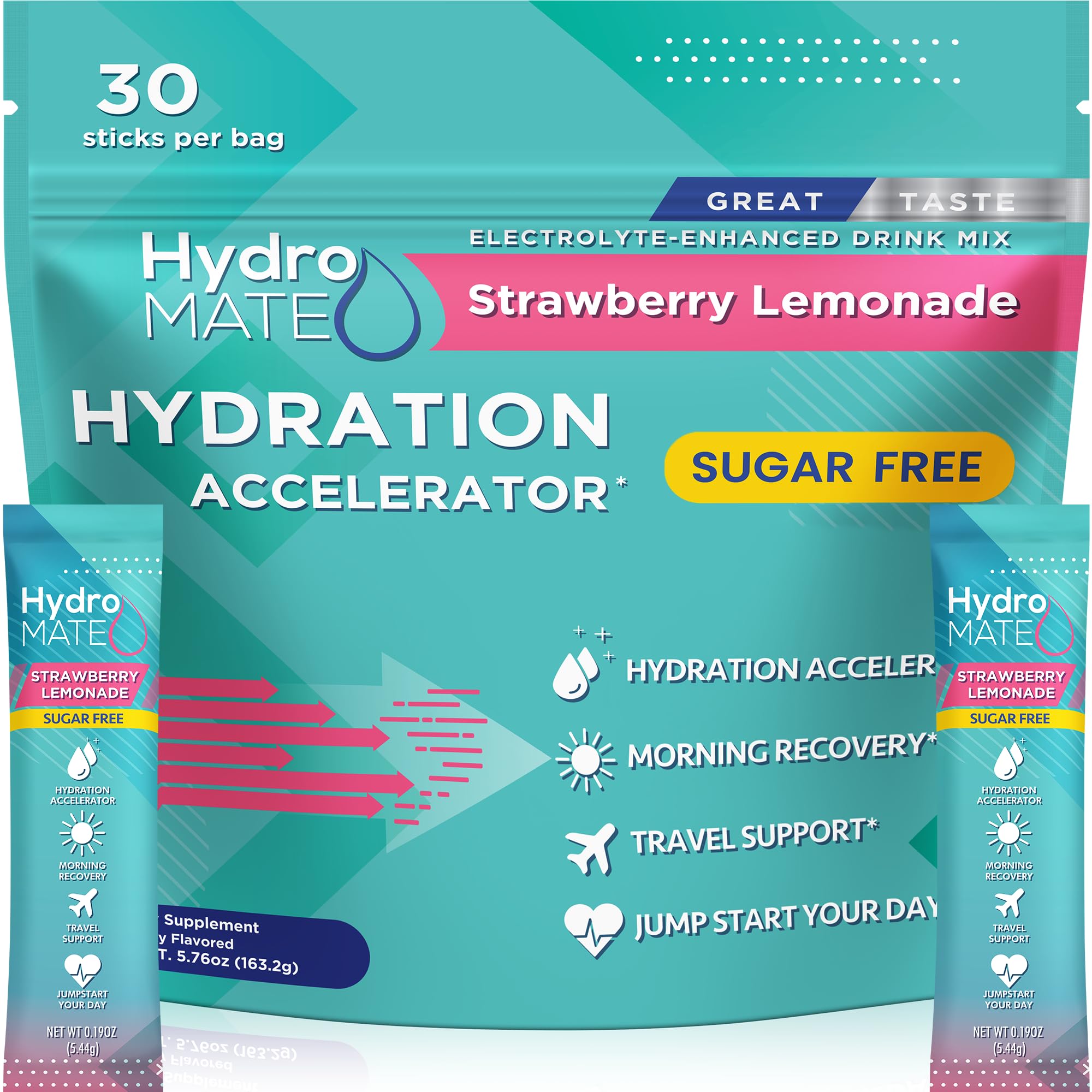 NatureWorks HydroMATE sticks front view with strawberry lemonade flavor for quick hydration.