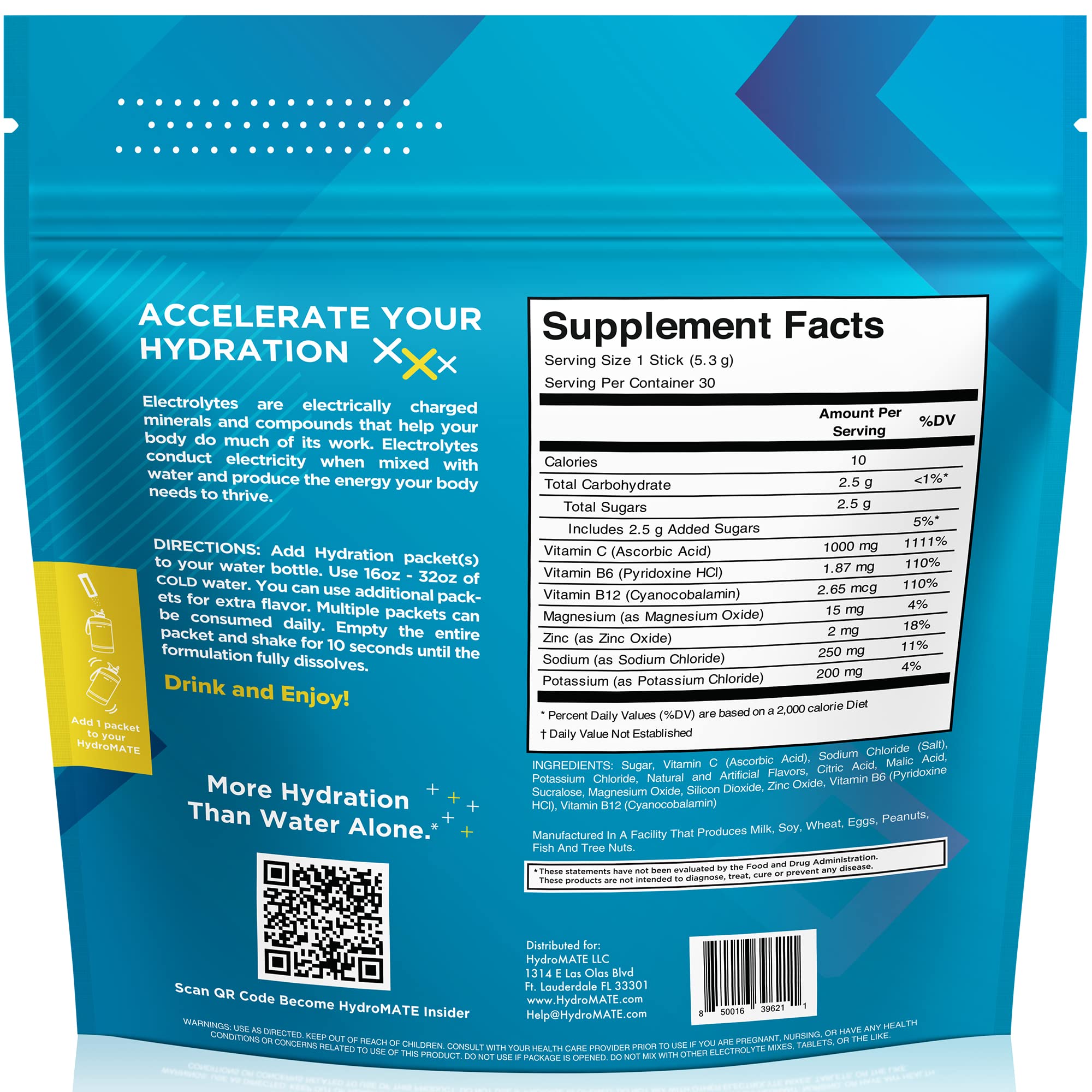 Travel pack of HydroMATE lemon-lime hydration packets for easy airport or gym use.