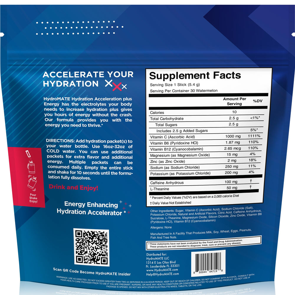 Watermelon flavor HydroMATE powder for refreshing hydration routines after activity.