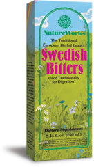 Nature Works Swedish Bitters bottle closeup, premium herbal blend for digestive comfort