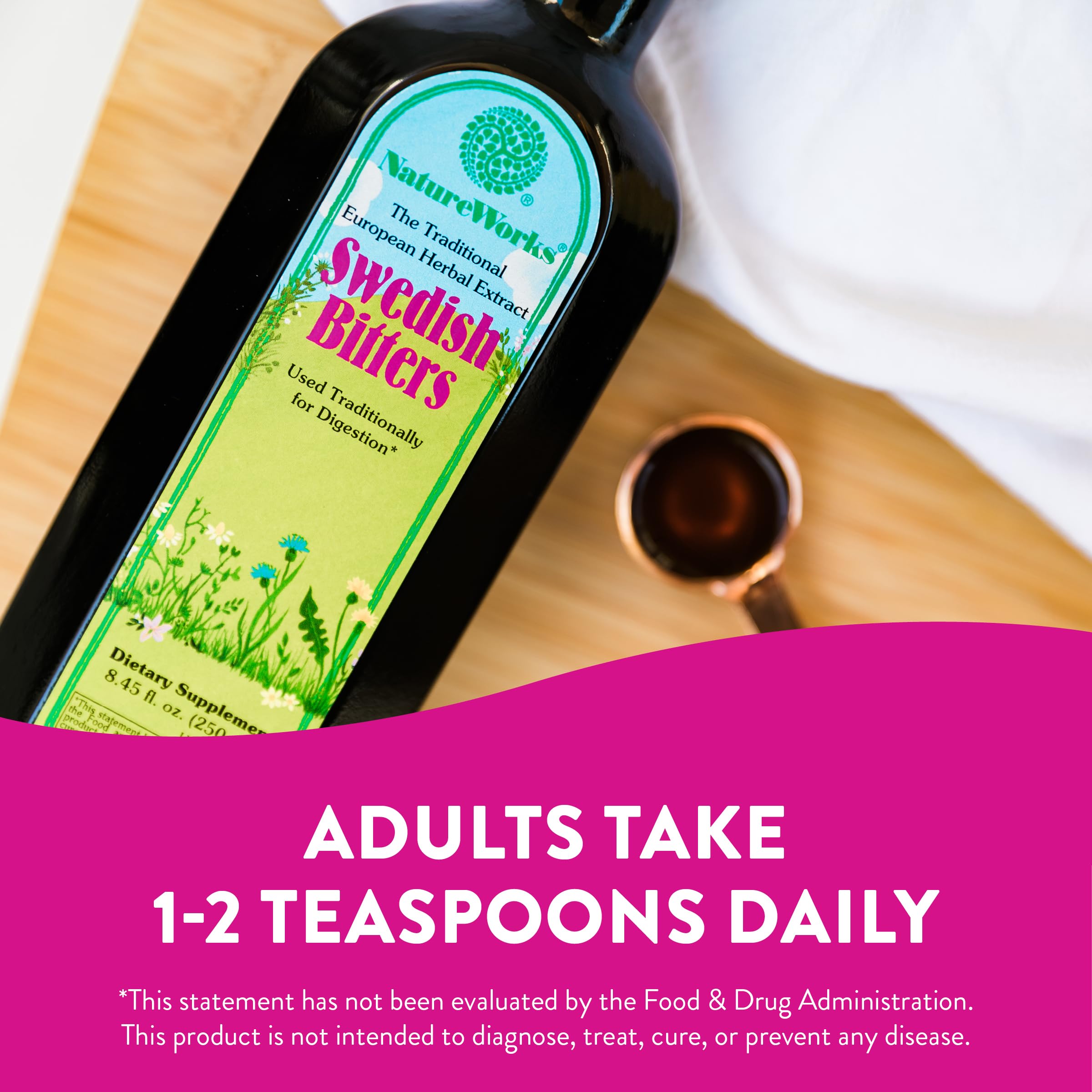 Nature Works Swedish Bitters packaging box showing heritage and quality