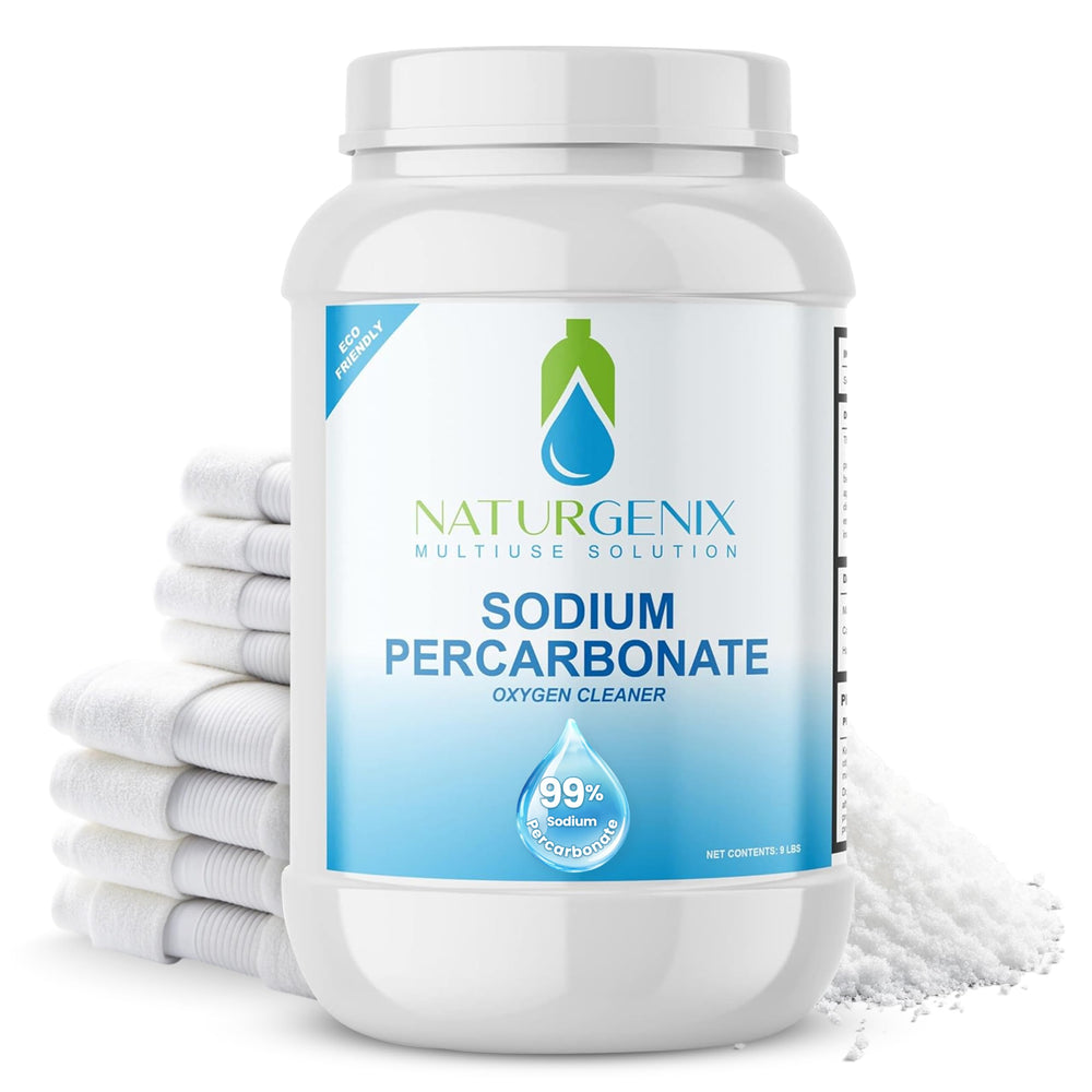 Naturgenix Sodium Percarbonate powder jar showing purity for versatile cleaning