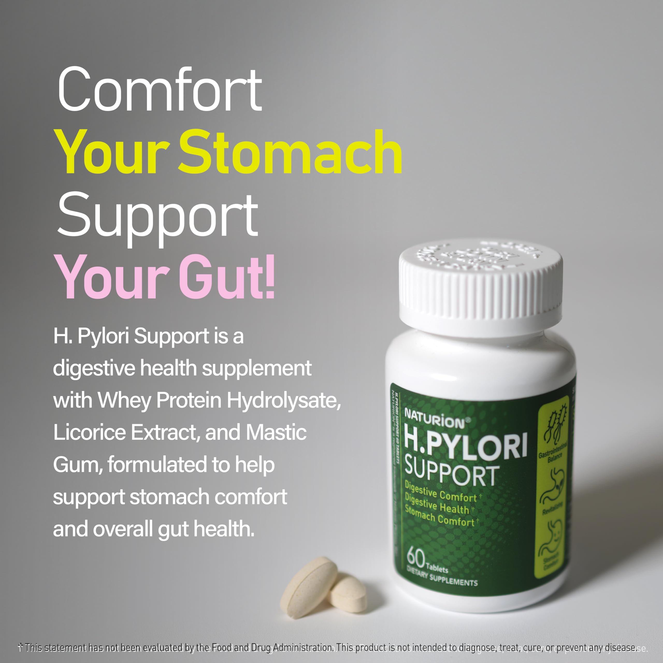 NATURION H. Pylori Support with glass of water illustrating usage.
