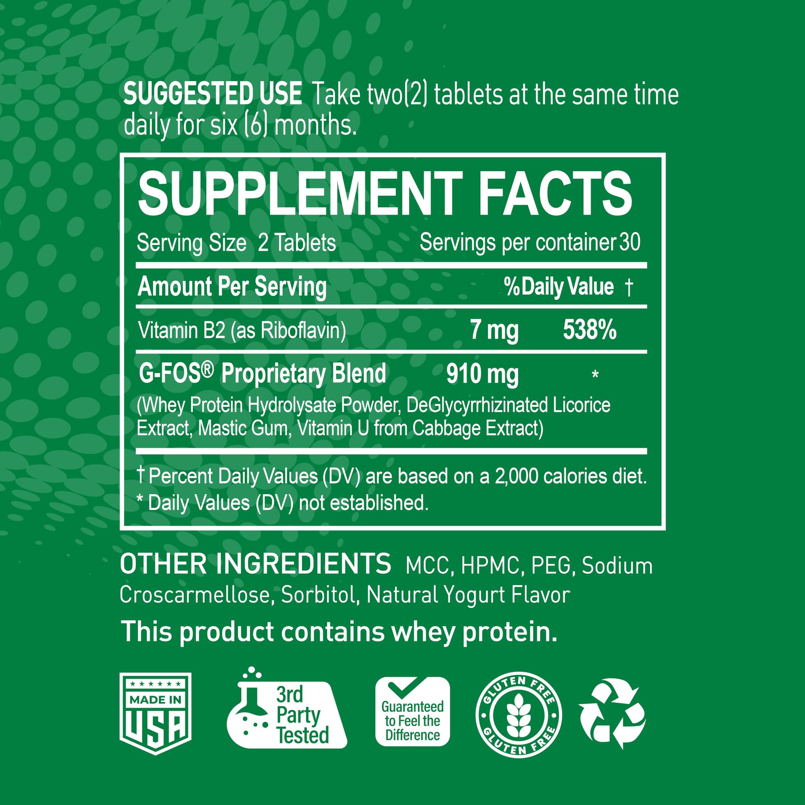 NATURION H. Pylori Support ingredients blend highlighting whey, licorice, and mastic.