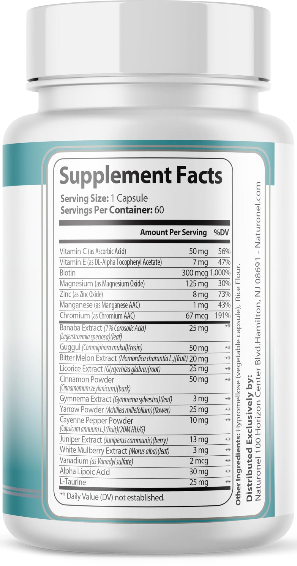 Naturonel Blood Sugar Formula label detail showing GMP badge.