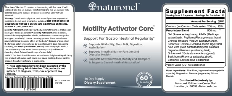 Naturonel Motility Activator Core capsules alongside a healthy meal.