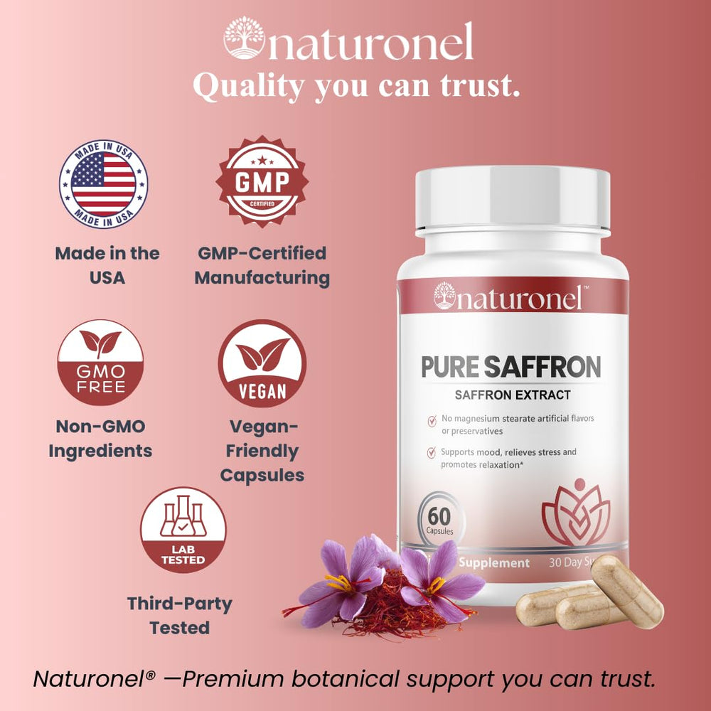 Naturonel saffron capsules with front label showing 88.5mg saffron per serving.