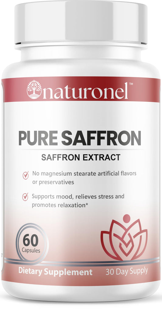 Naturonel saffron capsules bottle highlights convenient two-capsule servings for daily energy and mood support.