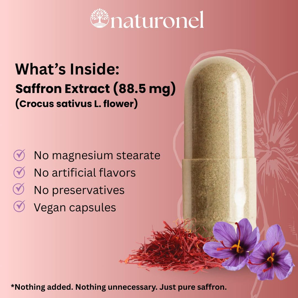 Naturonel saffron capsules being poured for on-the-go wellness and easy daily use.