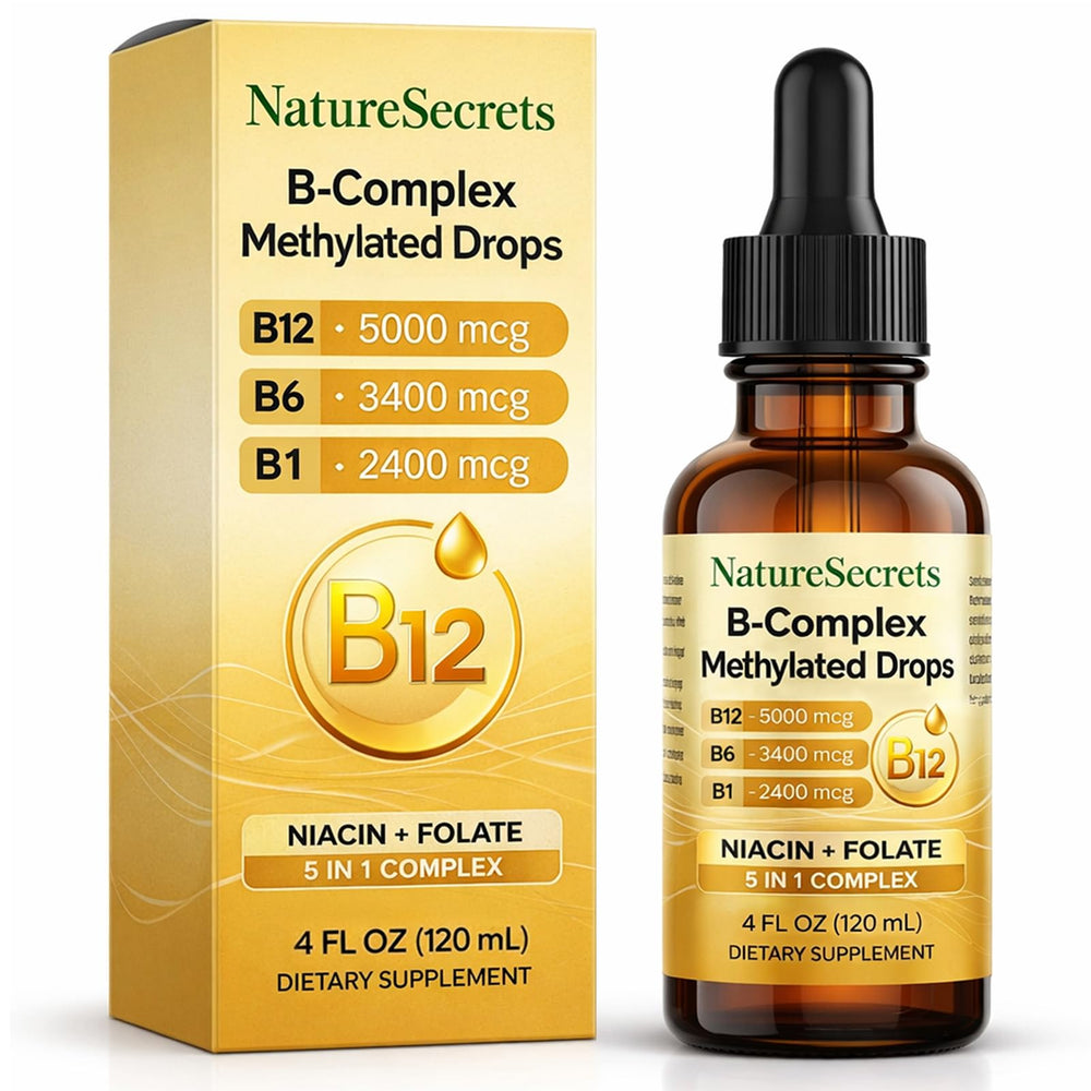 NATURESECRETS B-Complex methylated drops bottle shows daily energy support potential.