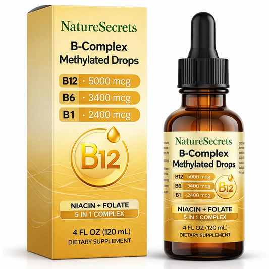 NATURESECRETS B-Complex methylated drops bottle shows daily energy support potential.