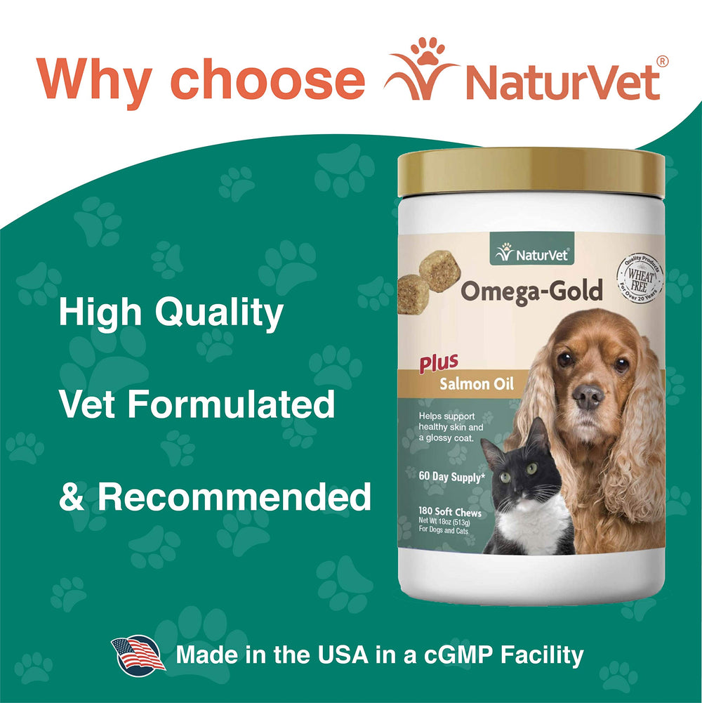 NaturVet Omega-Gold Plus bottle and label emphasizing vet-formulated USA-made quality