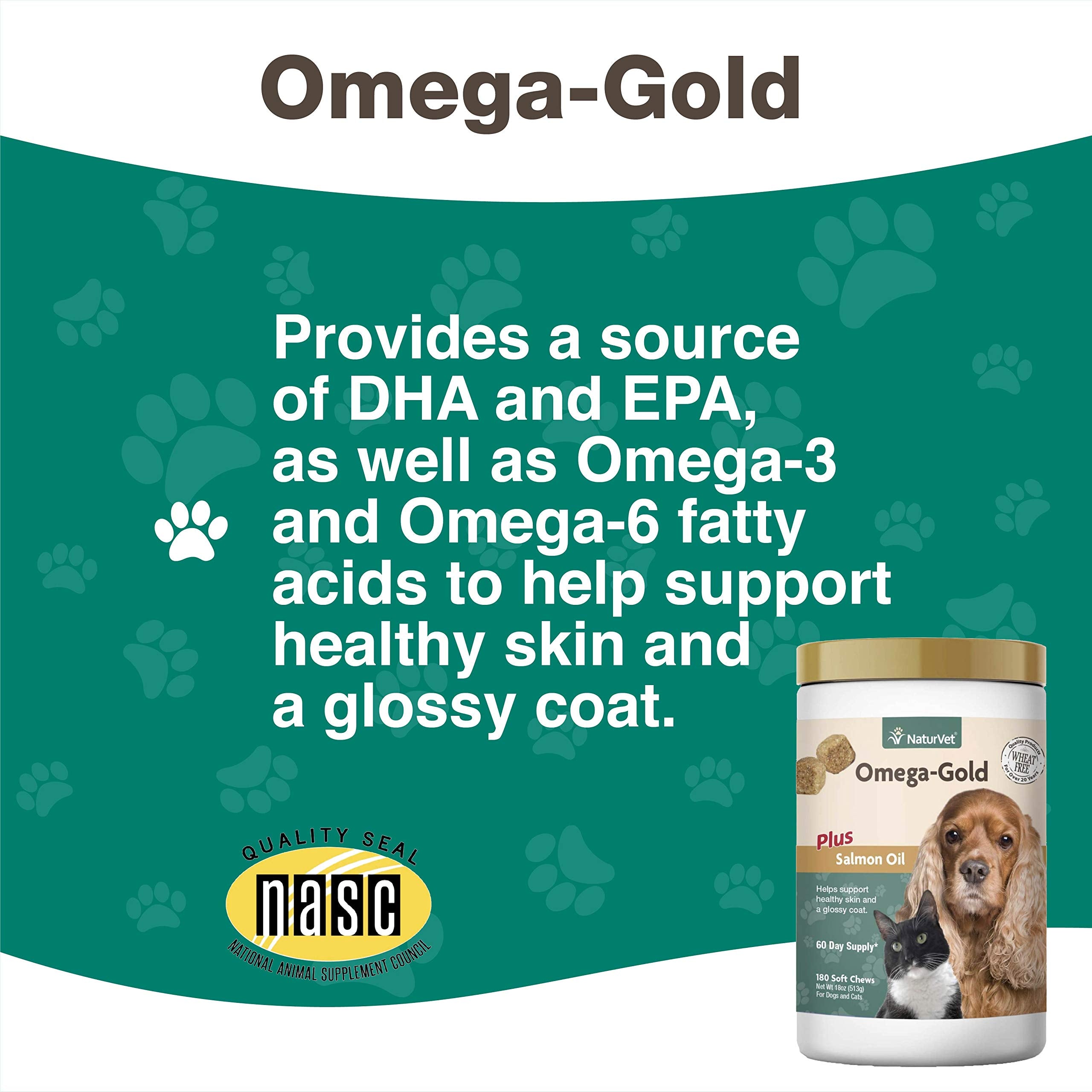 NaturVet Omega-Gold Plus dog-cat serving plate illustrating shared coat and skin benefits